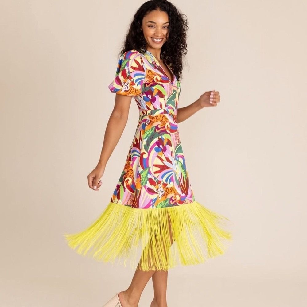 Alden Adair Louisa Rainforest Tiger Fringe Midi Dress Womens XS NWT Tropical
